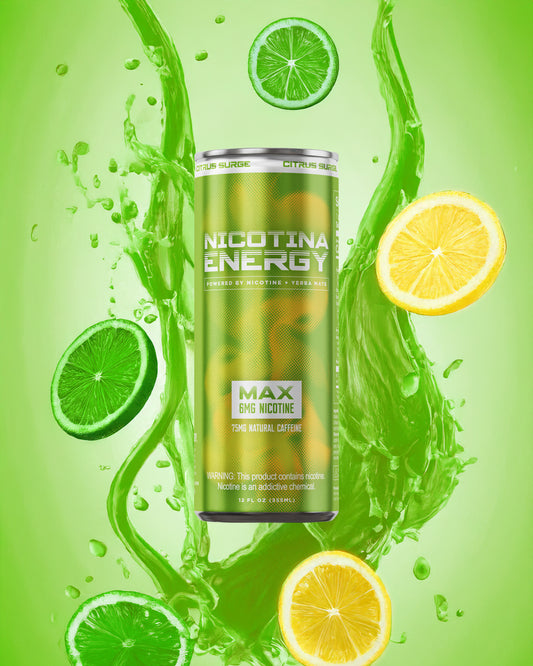 Splash view of Nic and Jet Fuel Max – citrus surge flavor, 6MG high-strength nicotine energy drink