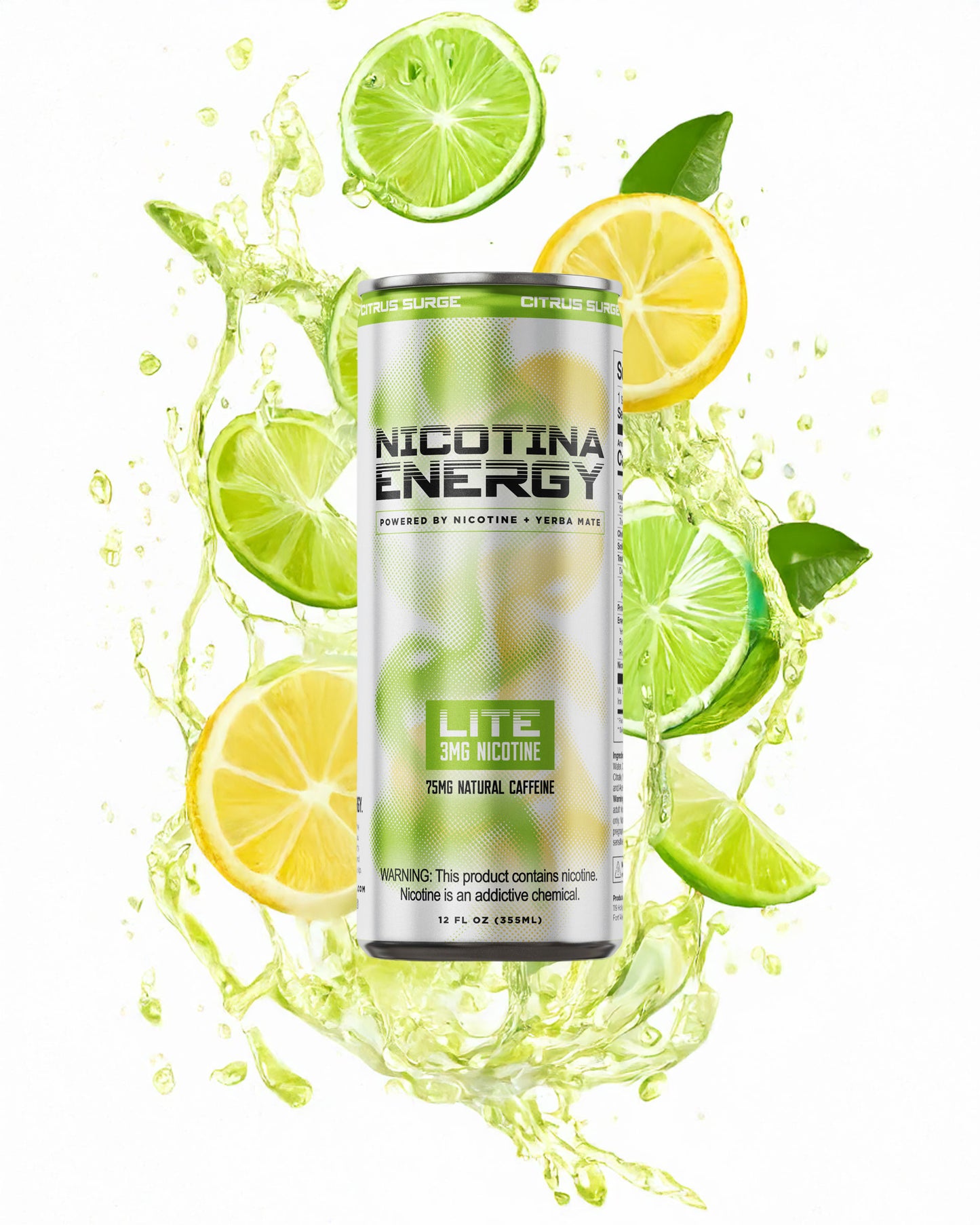 Splash view with art of Nic and Jet Fuel Lite – citrus surge flavor, 3MG nicotine-infused energy drink
