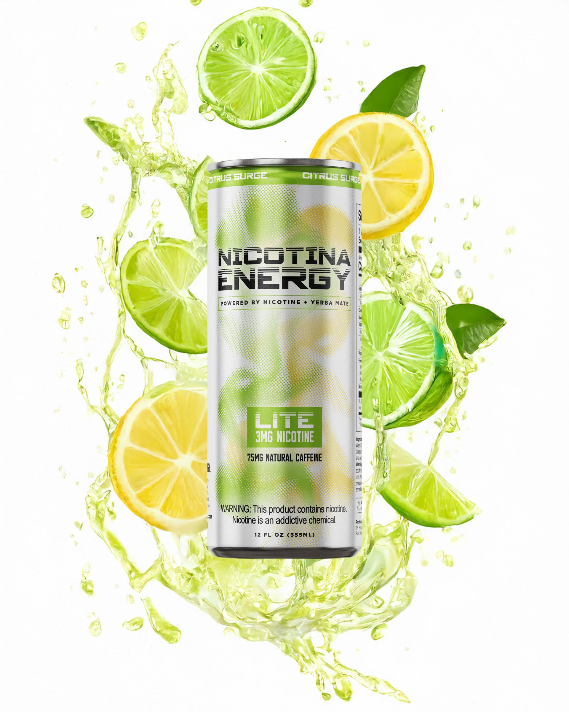 Splash view with art of Nic and Jet Fuel Lite – citrus surge flavor, 3MG nicotine-infused energy drink
