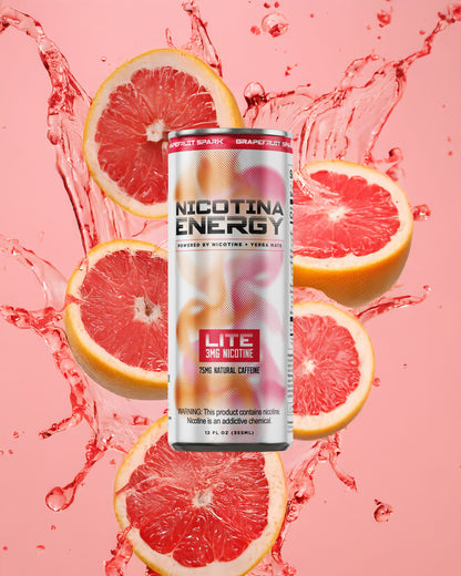 Splash can graphic on Front of Nic and Jet Fuel Lite can – grapefruit spark flavor, 3MG nicotine energy drink can
